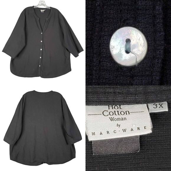 Hot Cotton Shirt Button Up Solid Black Women’s Plus Size 3X Blouse Boxy - Picture 1 of 7